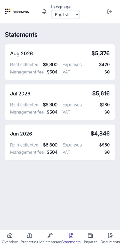 An owner's monthly statements on their phone: rent collected, expenses, the management fee and the net paid out, month by month.