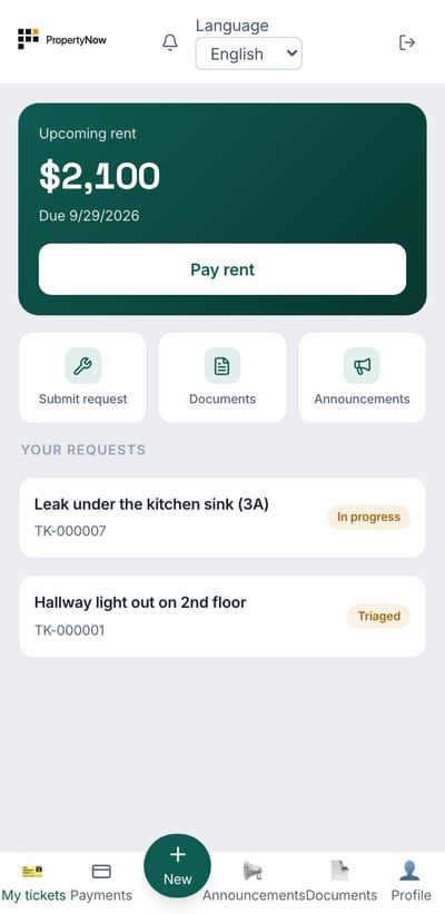 A resident's phone view of the tenant portal: upcoming rent with a pay button, quick actions, and their open requests.